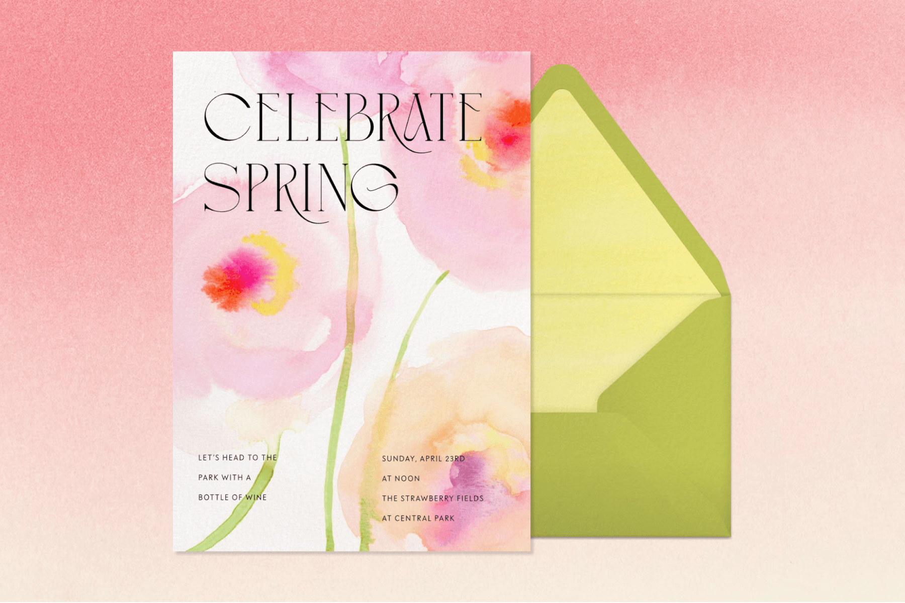 An invitation with text reading ‘CELEBRATE SPRING’ and watercolor illustrations of pale pink and yellow flowers next to a green envelope over a pink gradient background.