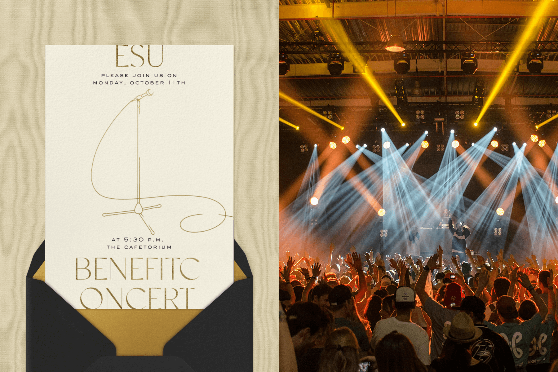 An invitation for a benefit concert featuring a standing microphone graphic; A concert with a crowd of people dancing with their hands in the air.