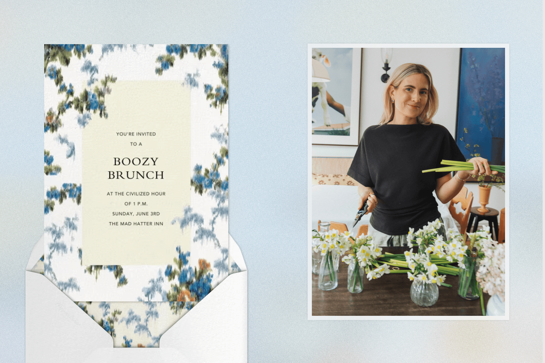 On the left, a white invitation for a boozy brunch with a blue floral border. On the right, a photo of Lucy Williams holding daffodils while putting them in clear vases, all over a pale blue gradient background. 