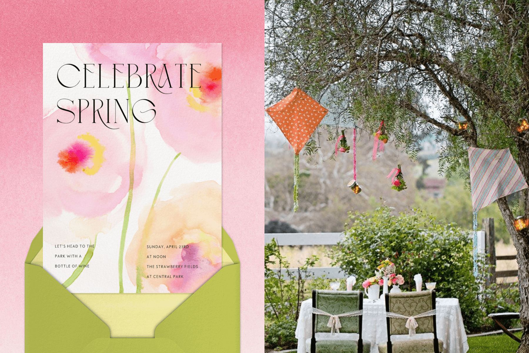 An invitation with watercolor pink flowers and a green envelope; a table under a tree that’s decorated with hanging flowers and patterned kites