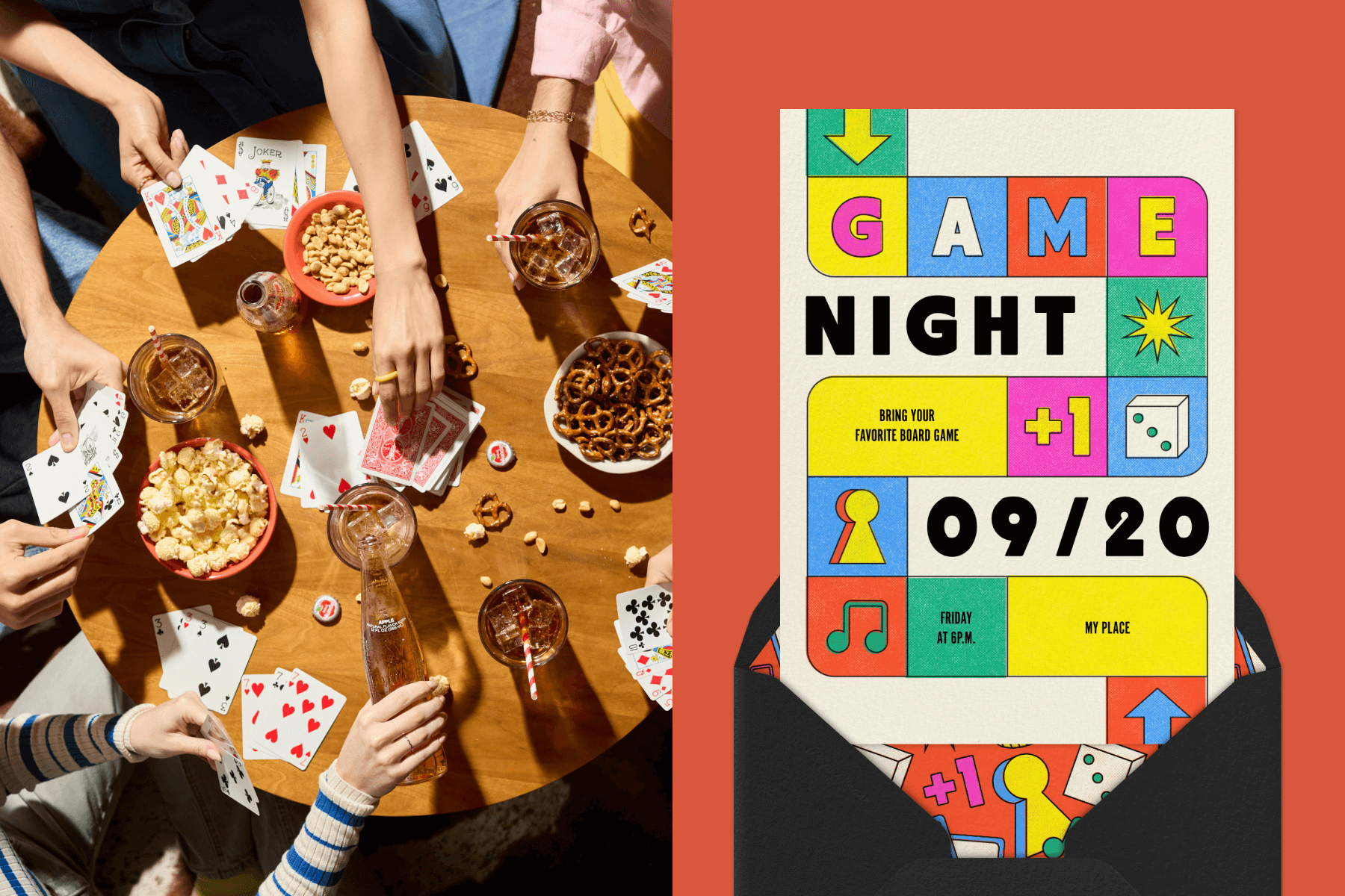 A group of friends holding drinks and playing cards at a table with snacks; An invitation for a game night featuring a colorful design that looks like a game board.