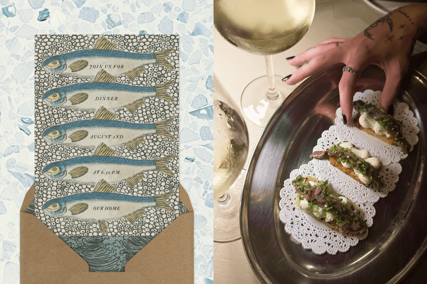  Left: A blue-and-green dinner invitation with five fish illustrations sits atop a paper-bag-textured envelope with the same aquatic motif as the interior, set against a blue stone backdrop. Right: A hand prepares crostinis topped with ricotta, fish, and green onions on a lace-decorated tin serving dish, next to a table full of white wine glasses.