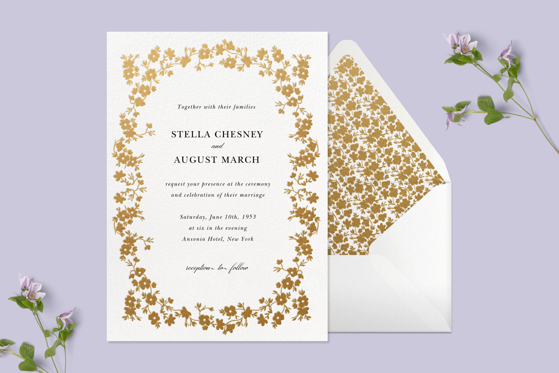 A purple background with purple flower accents plus a wedding invitation featuring a gold floral border, white envelope, and matching floral envelope liner.