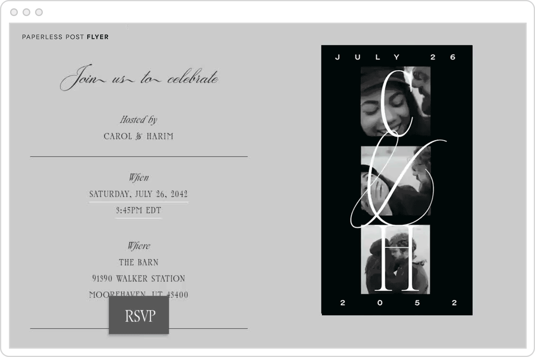 On a grey backdrop, the words ‘Join us to celebrate’ sit above wedding details. To the right is a Flyer invite with the initials C&H sitting above three black-and-white photos of a couple.