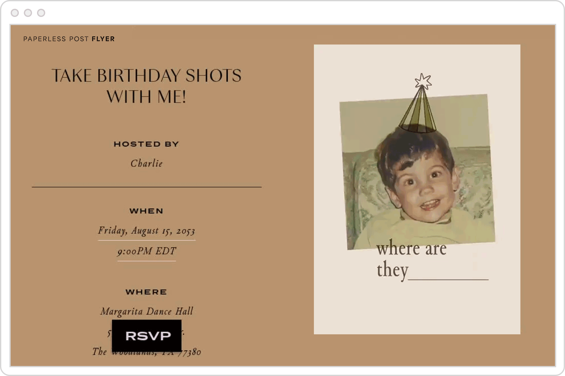 A beige birthday Flyer invite with an old photo of the birthday boy and text that reads ‘Where are they now’.