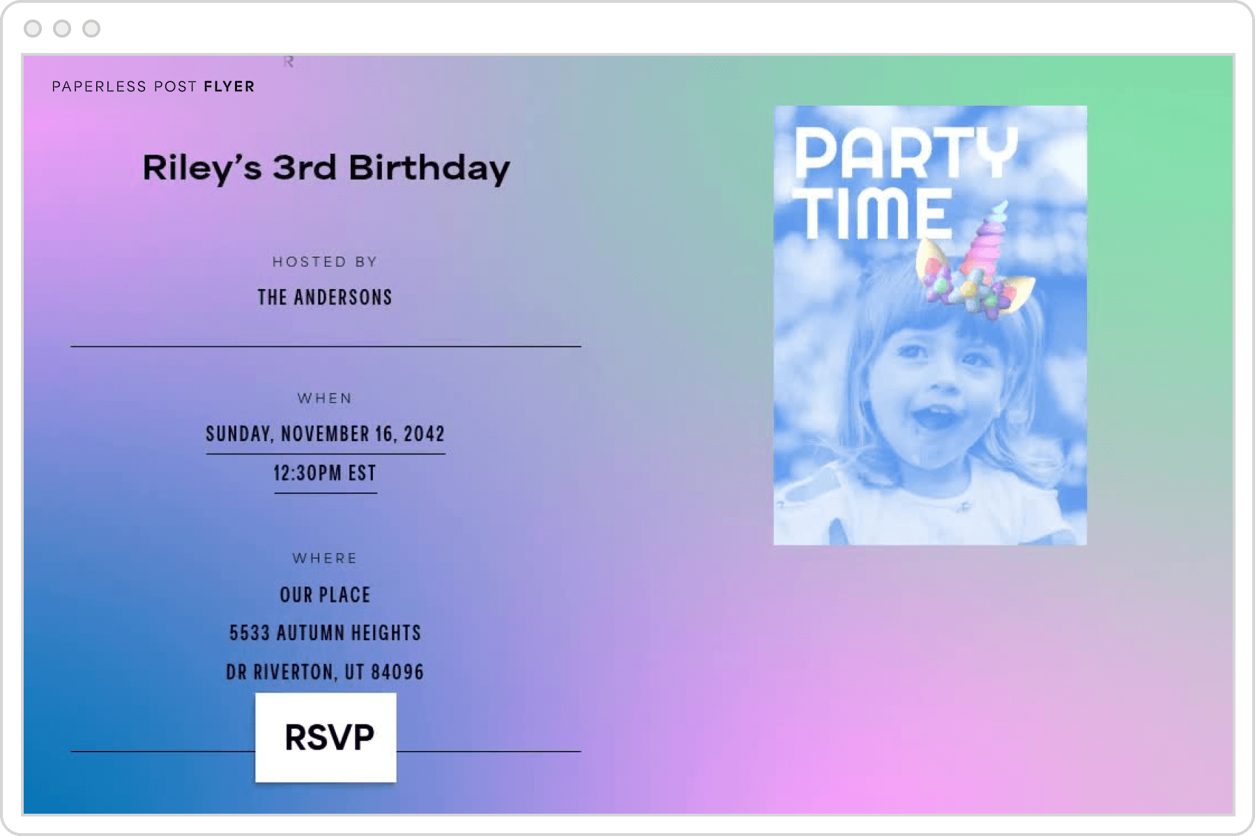 A blue, green, and pink gradient third birthday Flyer invite with an image of the birthday girl decorated with a unicorn horn.