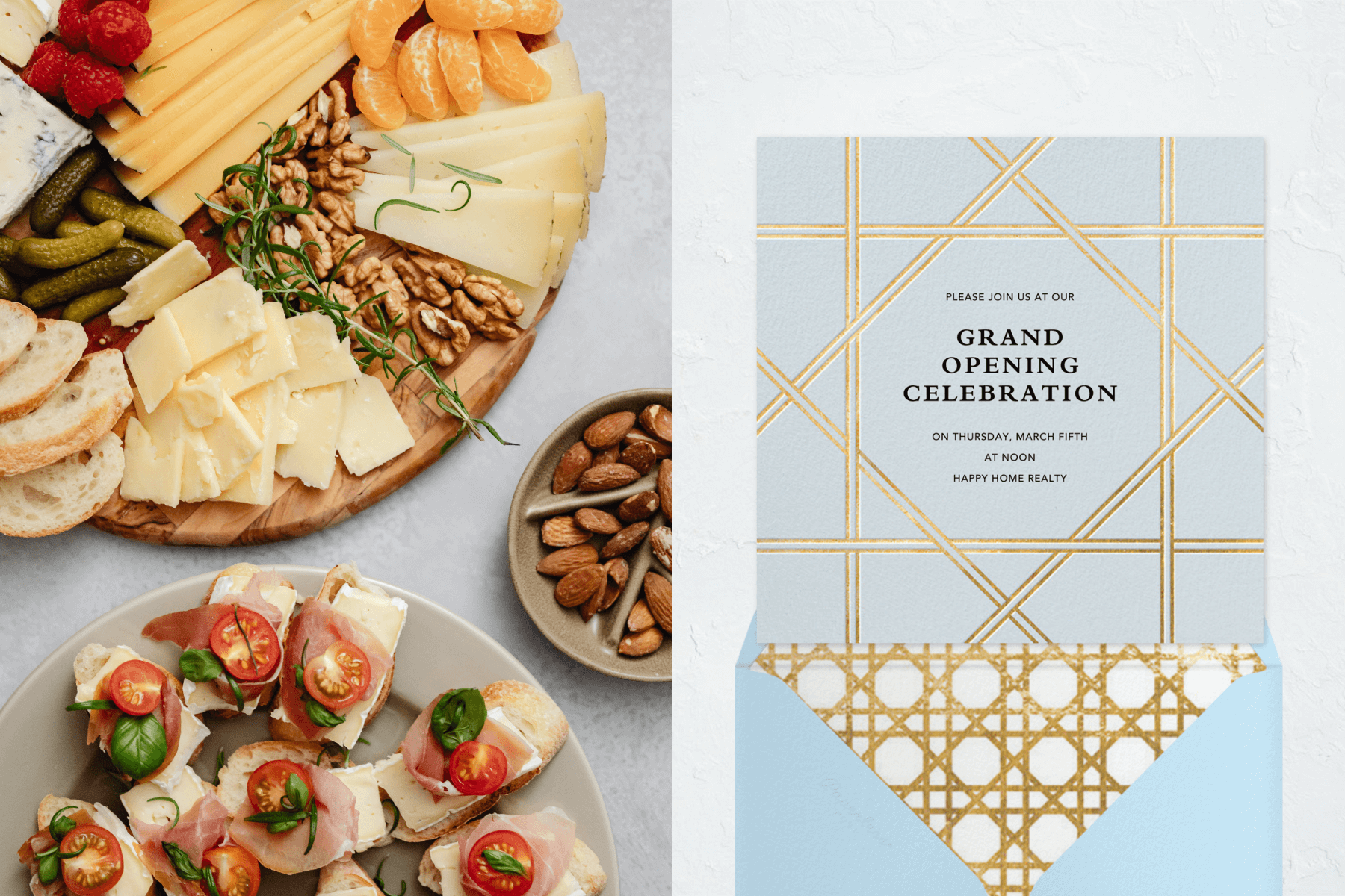 Cheese board and appetizers. Right: A light blue invitation with gold criss-crossed lines.