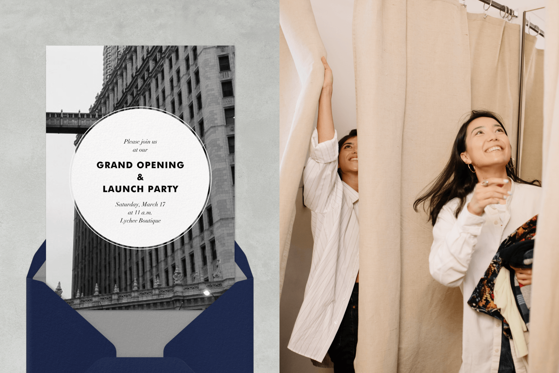 Left: An invitation with a black and white photo of the side of a tall building. Right: Two women in store changing rooms.