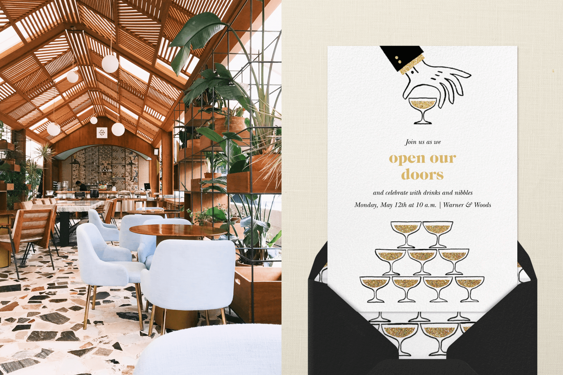 Left: A restaurant with intricate wood ceilings, terrazzo floors, and plants. Right: An invitation with illustrated stacked gold coupe glasses.