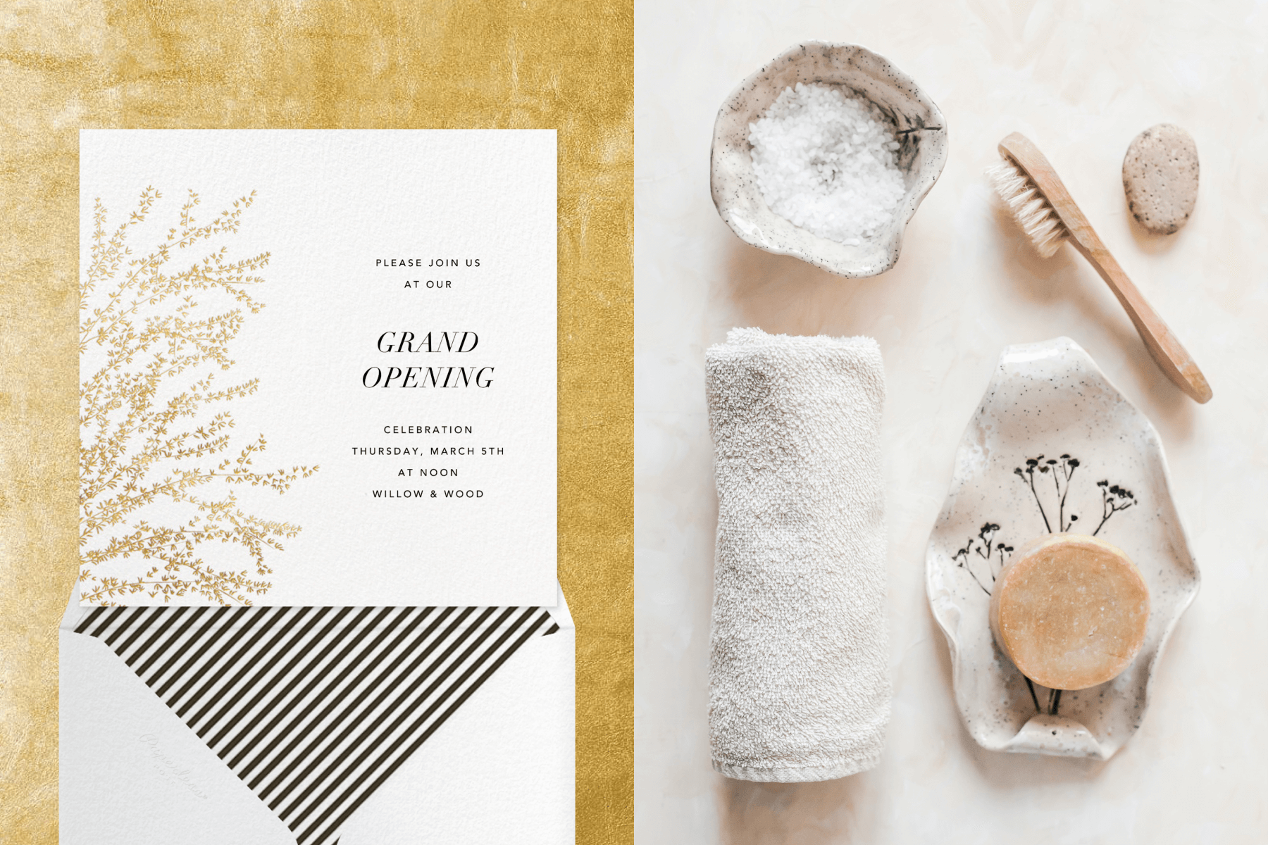 Left: An invitation with gold branches coming from the left side. Right: Spa accessories - A hand towel, salt cellar and brush, soap, and pumice stone.