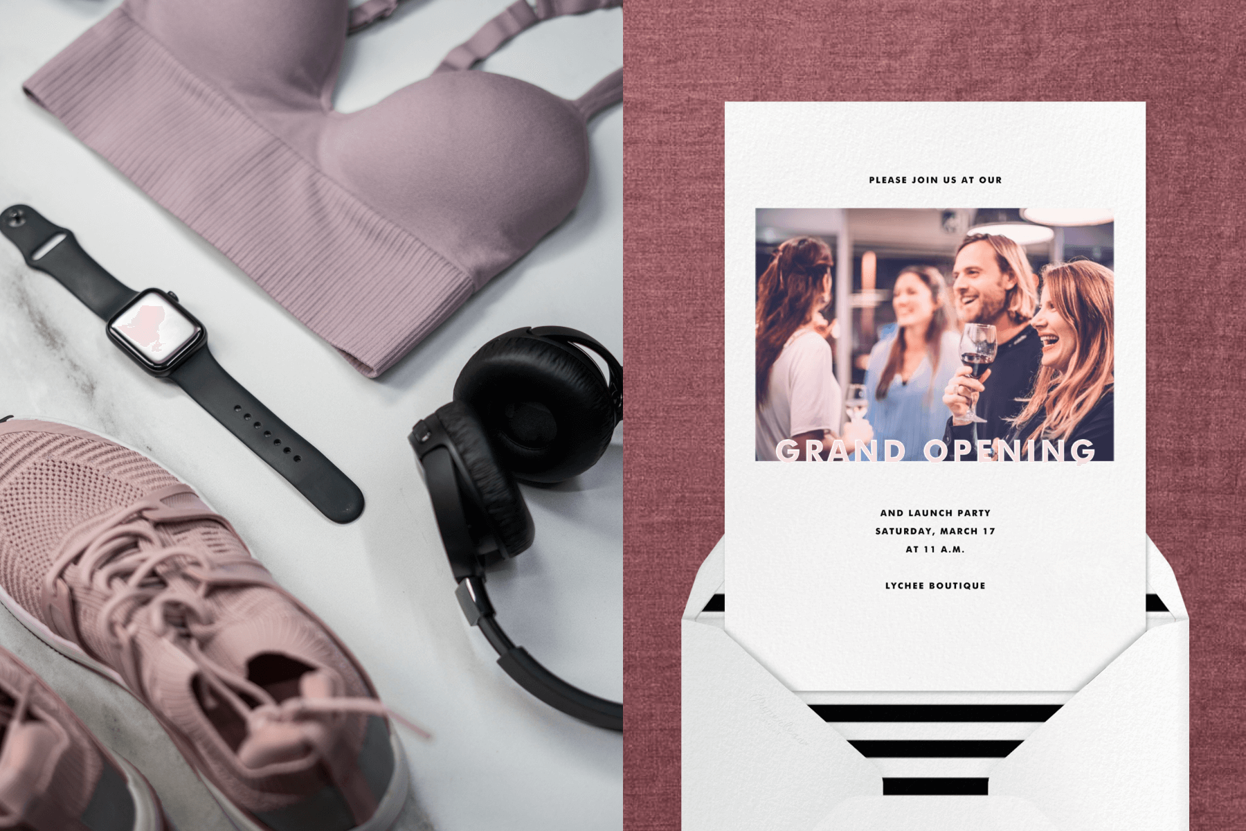 Left: Women’s gym clothes, sneakers, headphone, and smartwatch. Right: An invitation with a photo of people holding wine.