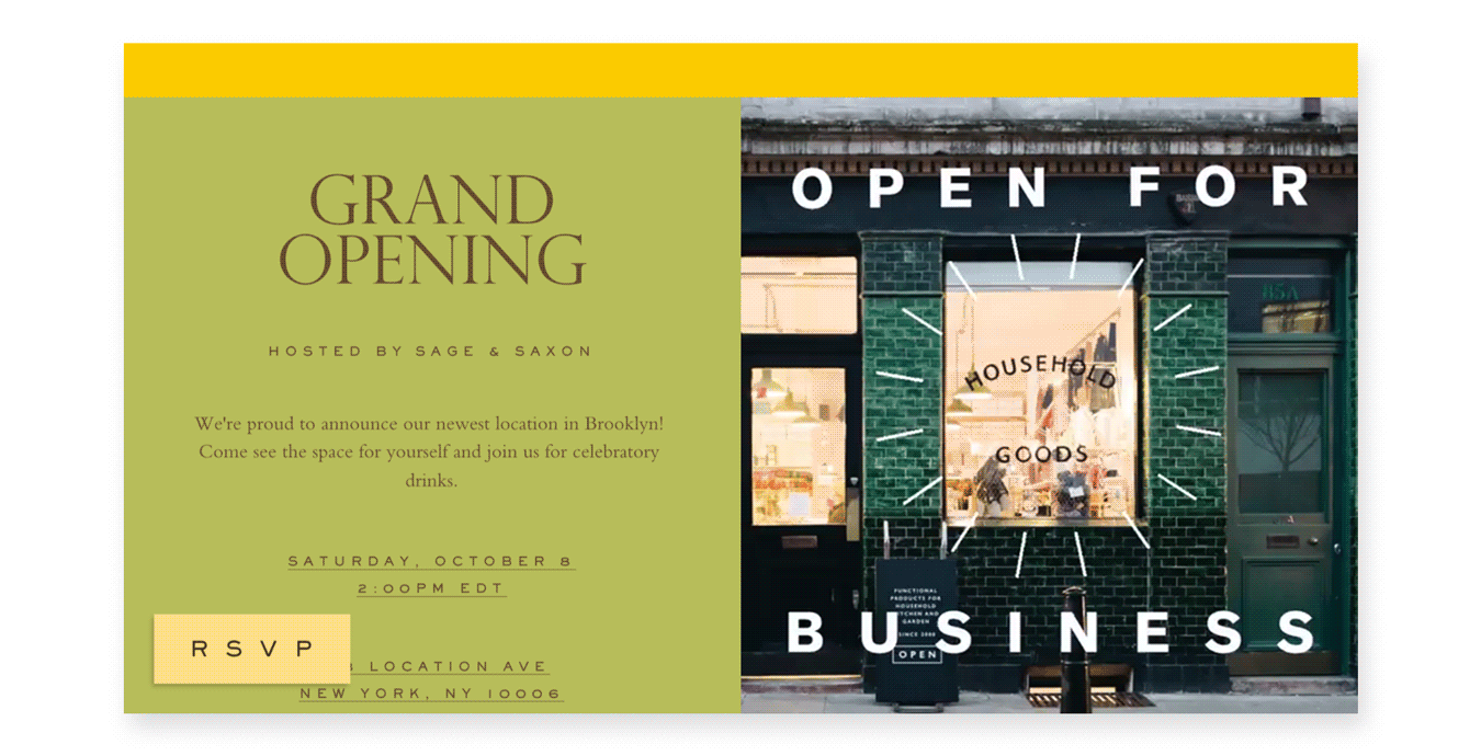 An online invitation with a picture of a storefront and an “open for business” animation.