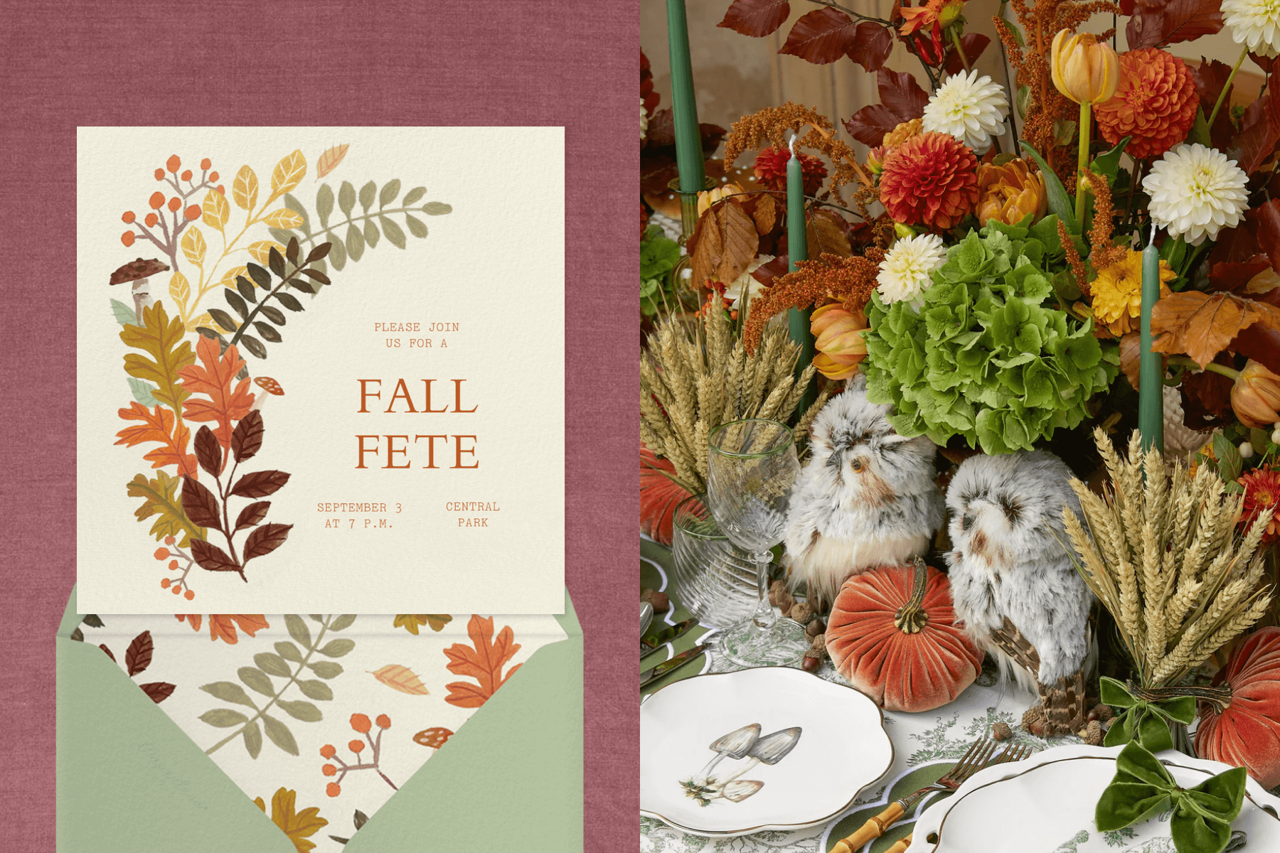 Left: A fall invitation featuring an illustration of fall leaves and berries; right: An image of an autumnal table setting replete with velvet pumpkins, stuffed owls, wheat bundles, and mushroom plates.