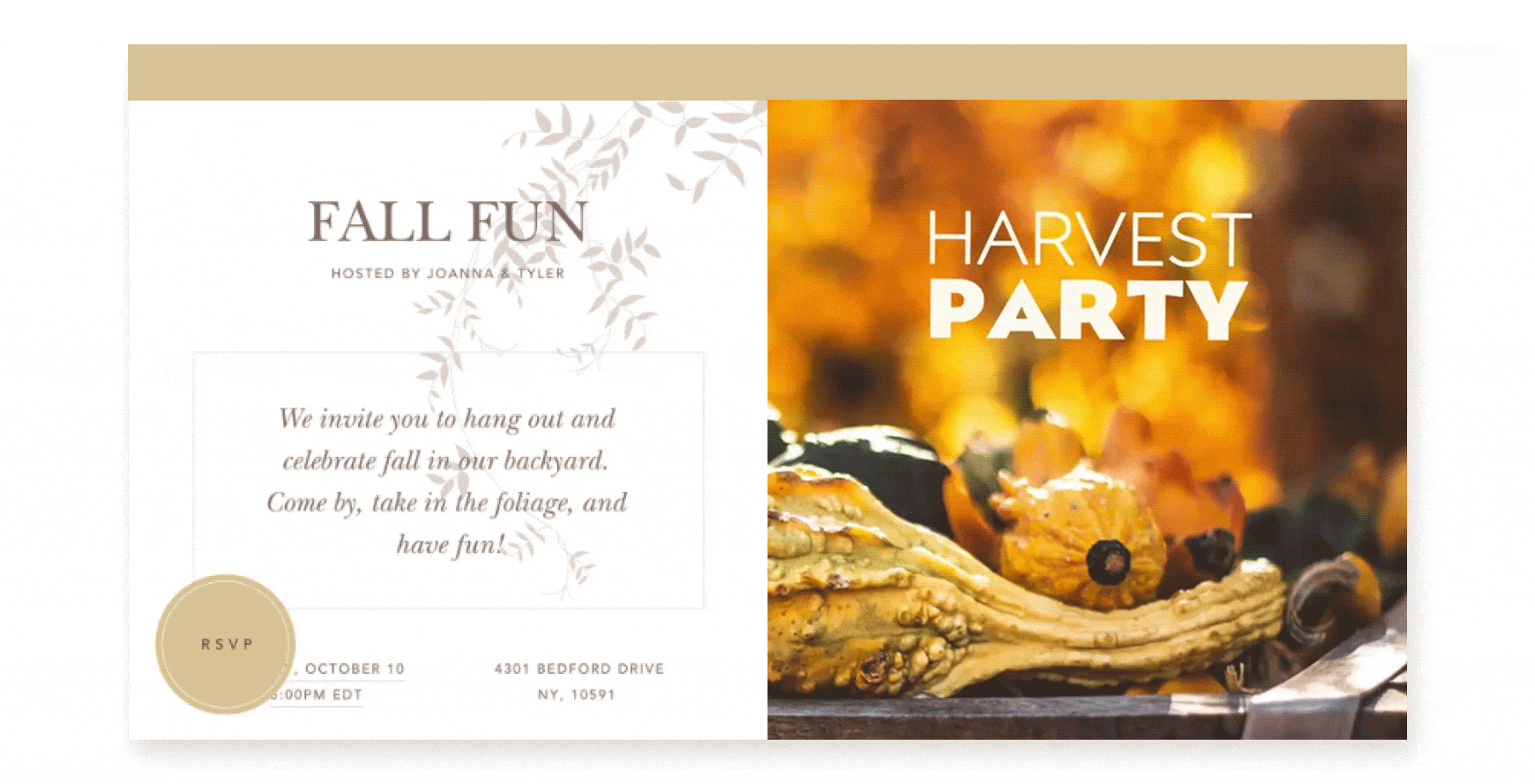 An animated invitation featuring gourds with a sparkling background and the overlaid words “Harvest Party.”