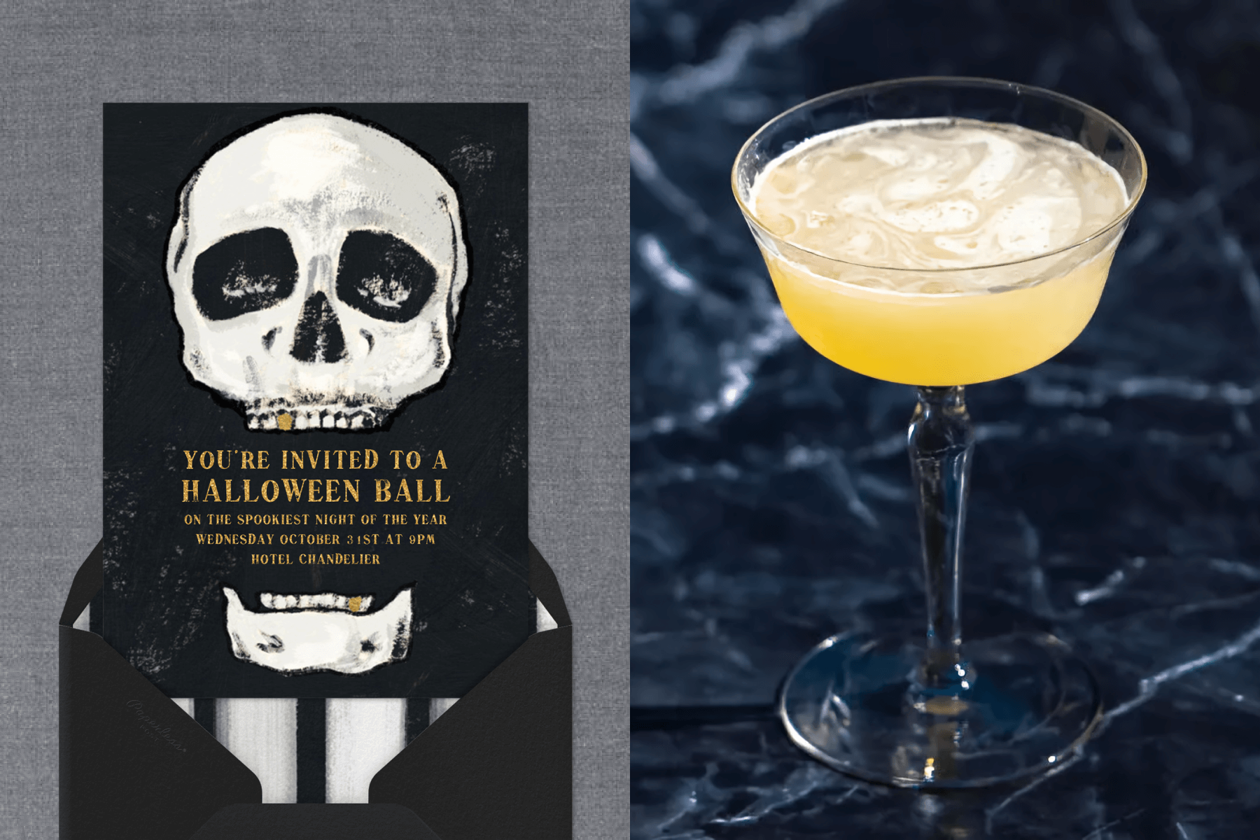 Left: A black Halloween invitation featuring an illustration of a skull. The wording is coming out of the mouth; Right: A corpse reviver cocktail in an elegant glass.