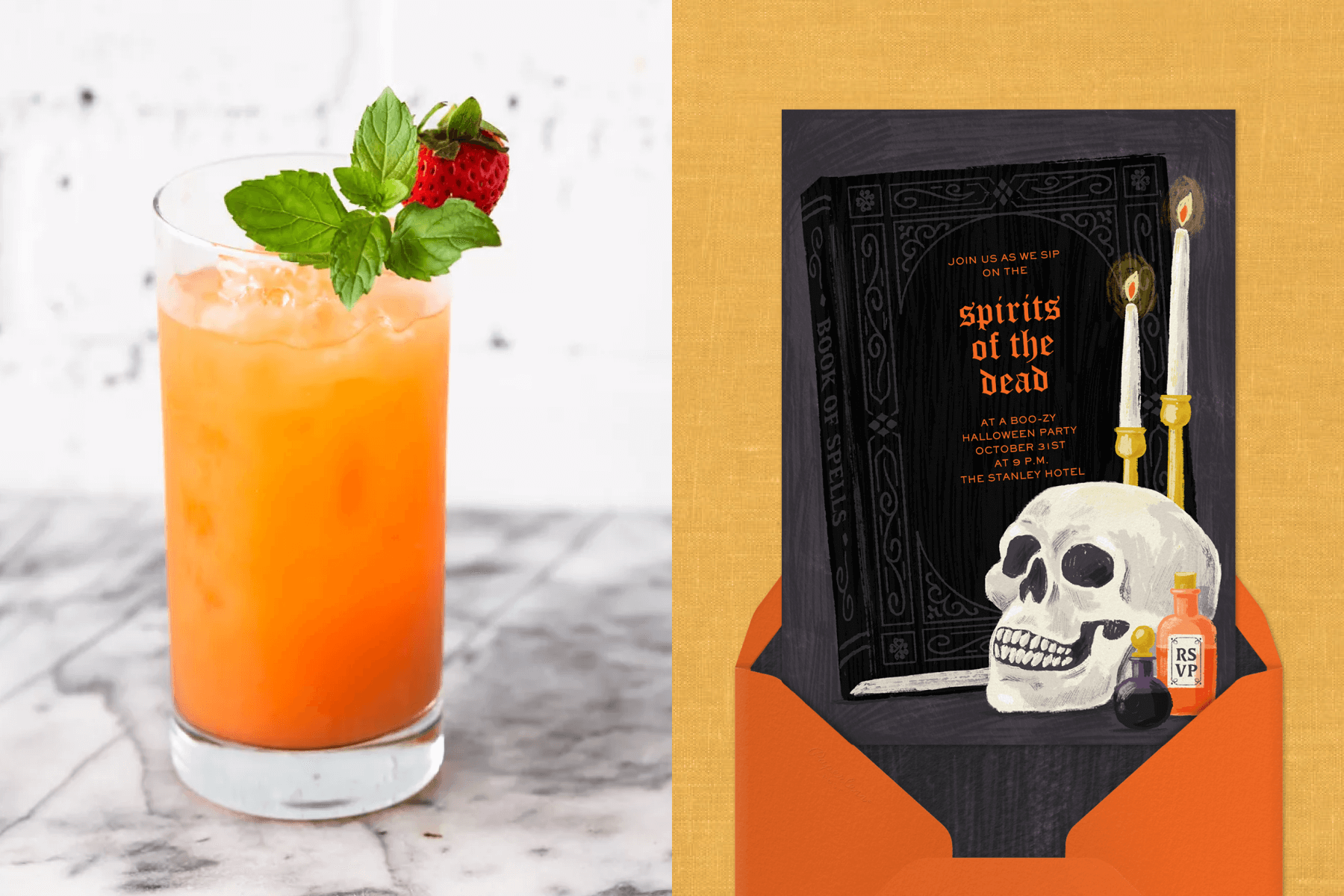 Left: A zombie cocktail with a strawberry garnish; Right: A black Halloween invitation with an illustration of a book of the dead, a skull, and candles.