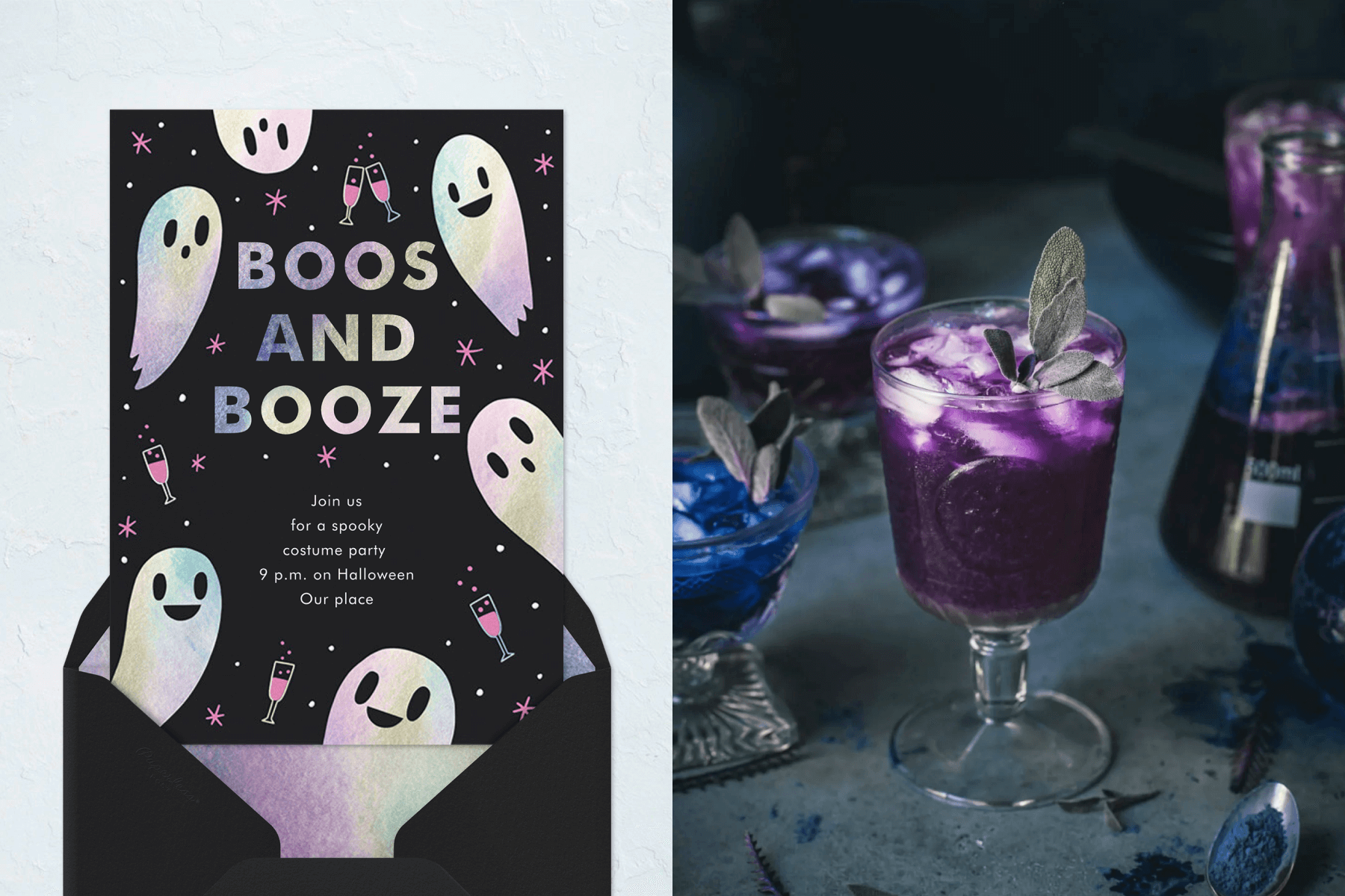 Left: A black Halloween invitation with irridescent illustrations of happy ghosts and cocktails; Right: A purple polyjuice potion cocktail surrounded by other cocktails and mixing supplies.