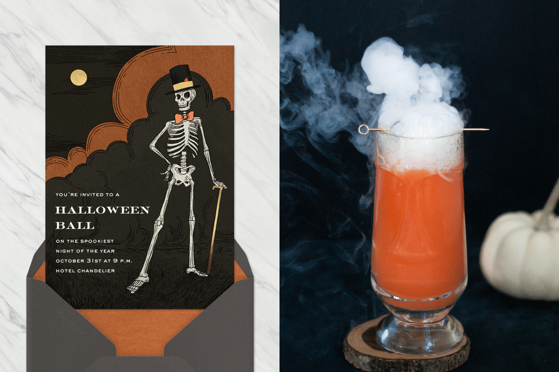 Left: A black Halloween invitation with an illustration of a dapper skeleton wearing a top hat, a bowtie, and a cane; Right: A walking dead cocktail with dry ice billowing out the top.