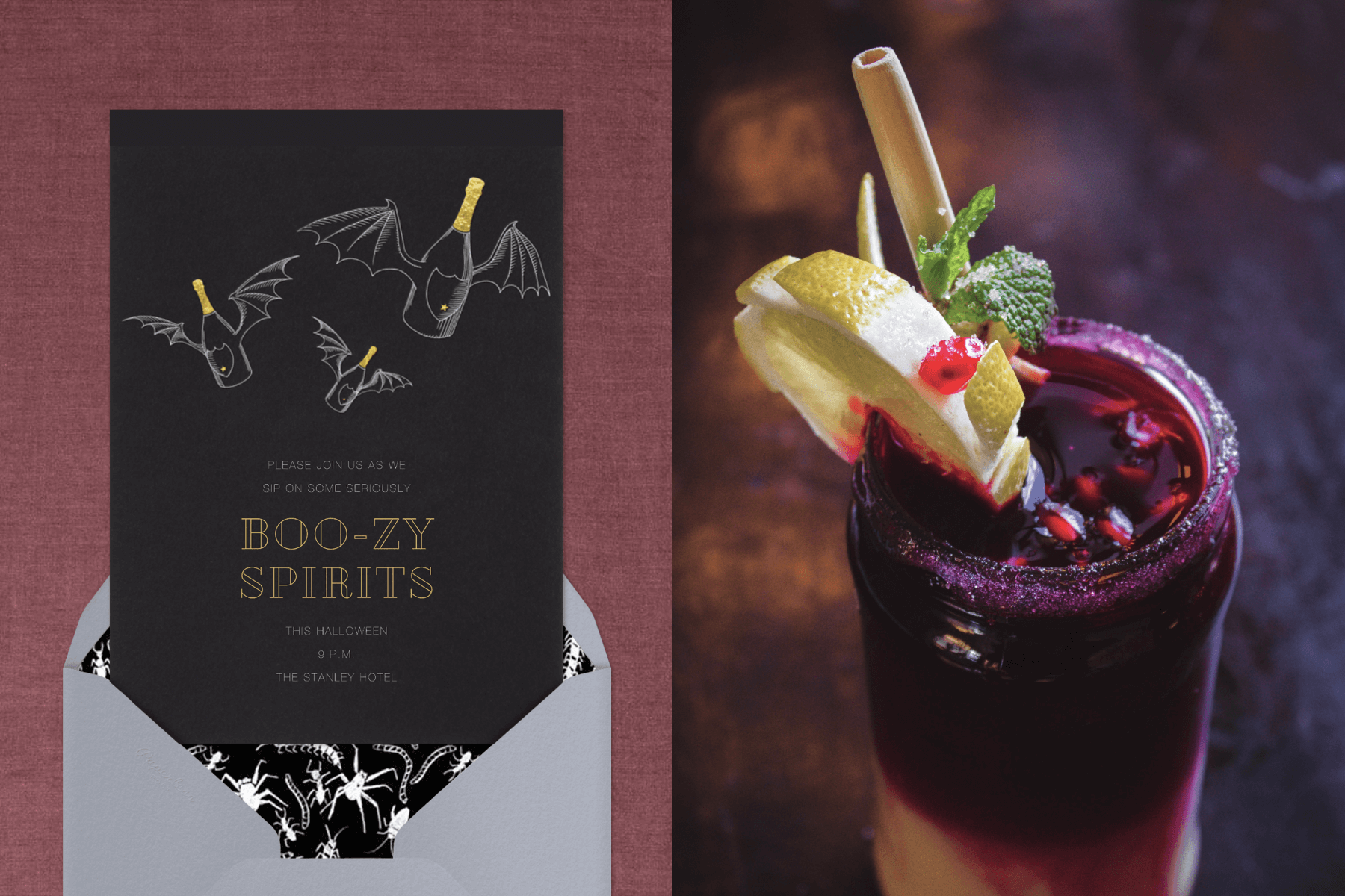Left: A black Halloween invitation featuring an illustration of champagne bottles with bat wings; right: A top-down photograph of a Demagorgon’s Dinner cocktail.