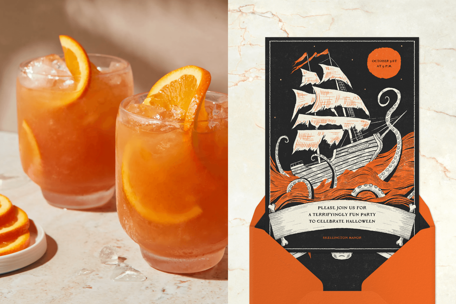 Left: A photograph of two Mai Tais with orange slices as garnish; right: A black and orange Halloween invitation featuring an illustration of a ship being attached by tentacles.
