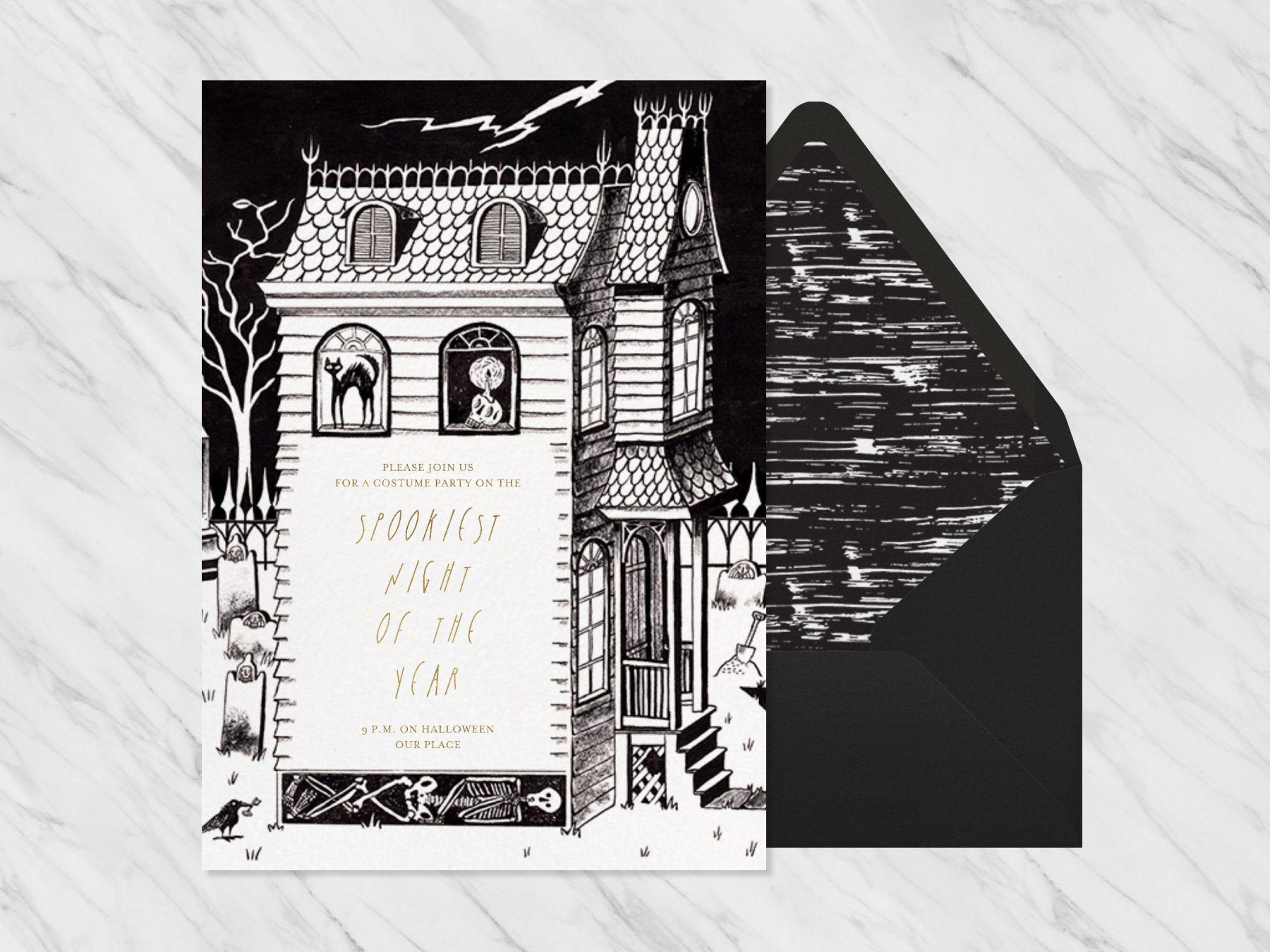 A black and white Halloween invitation featuring a black cat in the window of a haunted house.