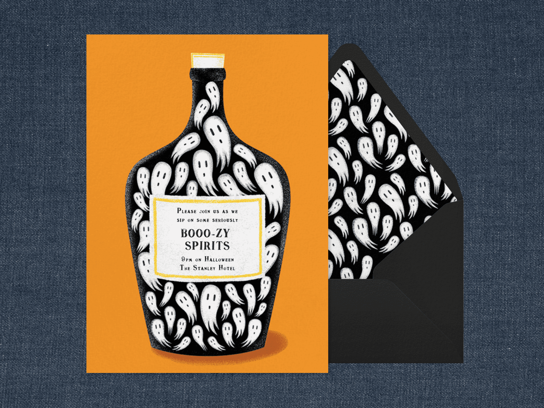 An orange Halloween invitation featuring an illustration of a bottle full of ghosts.