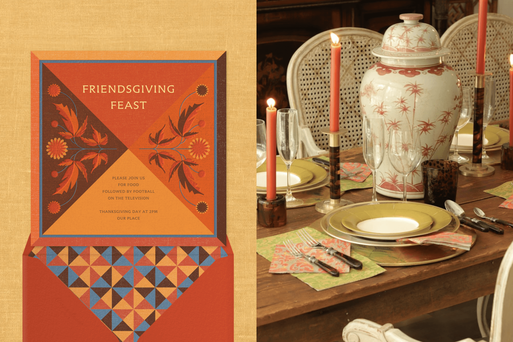 Left: An orange and brown Friendsgiving card with a floral and geometric motif; Right: A table setting with a cream and orange urn as a centerpiece and gold and coral accents.