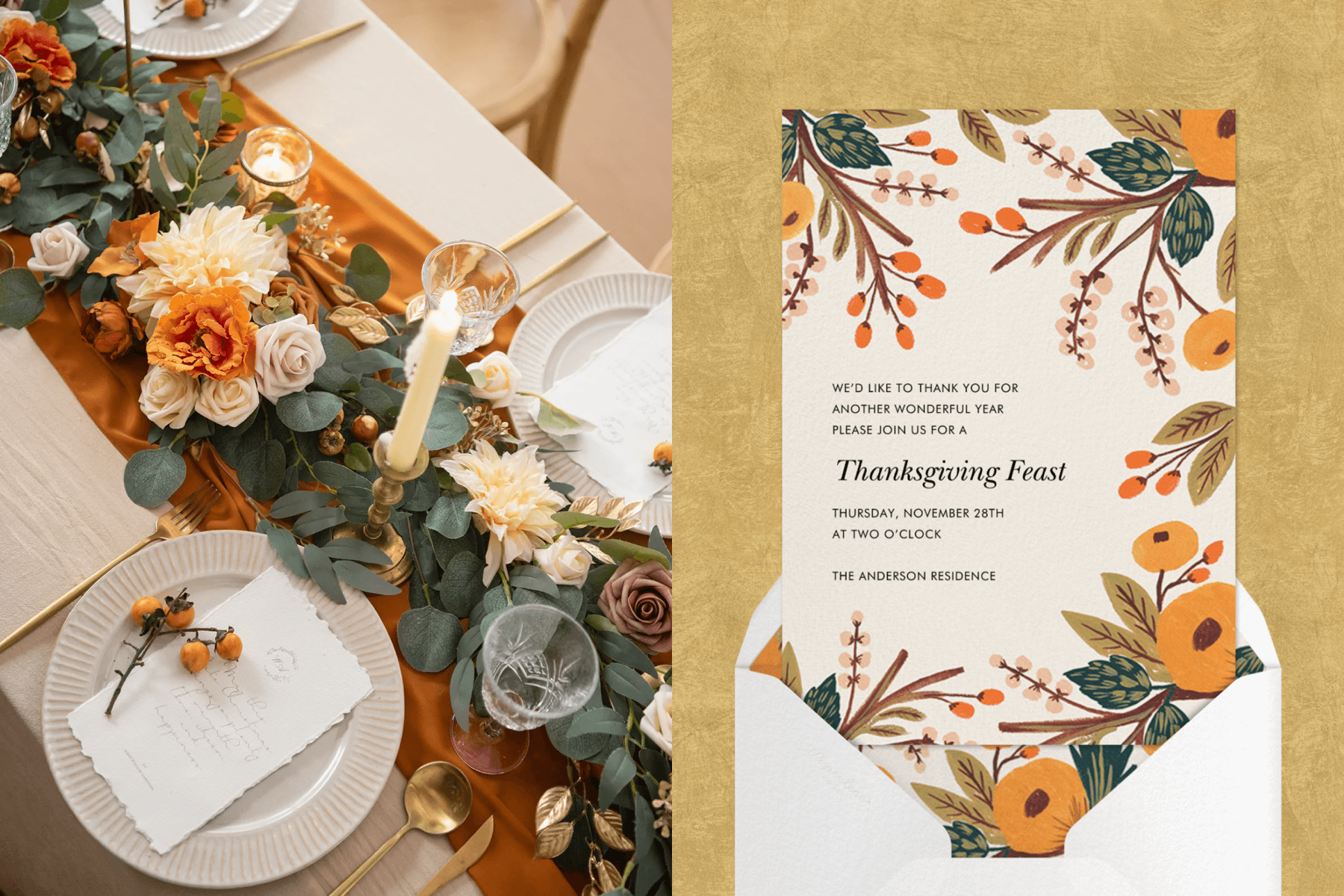 Left: An overhead shot of a fall table setting with eucalyptus and roses as a centerpiece and gold silverware; Right: A Thanksgiving invitation with orange and red flower illustrations.