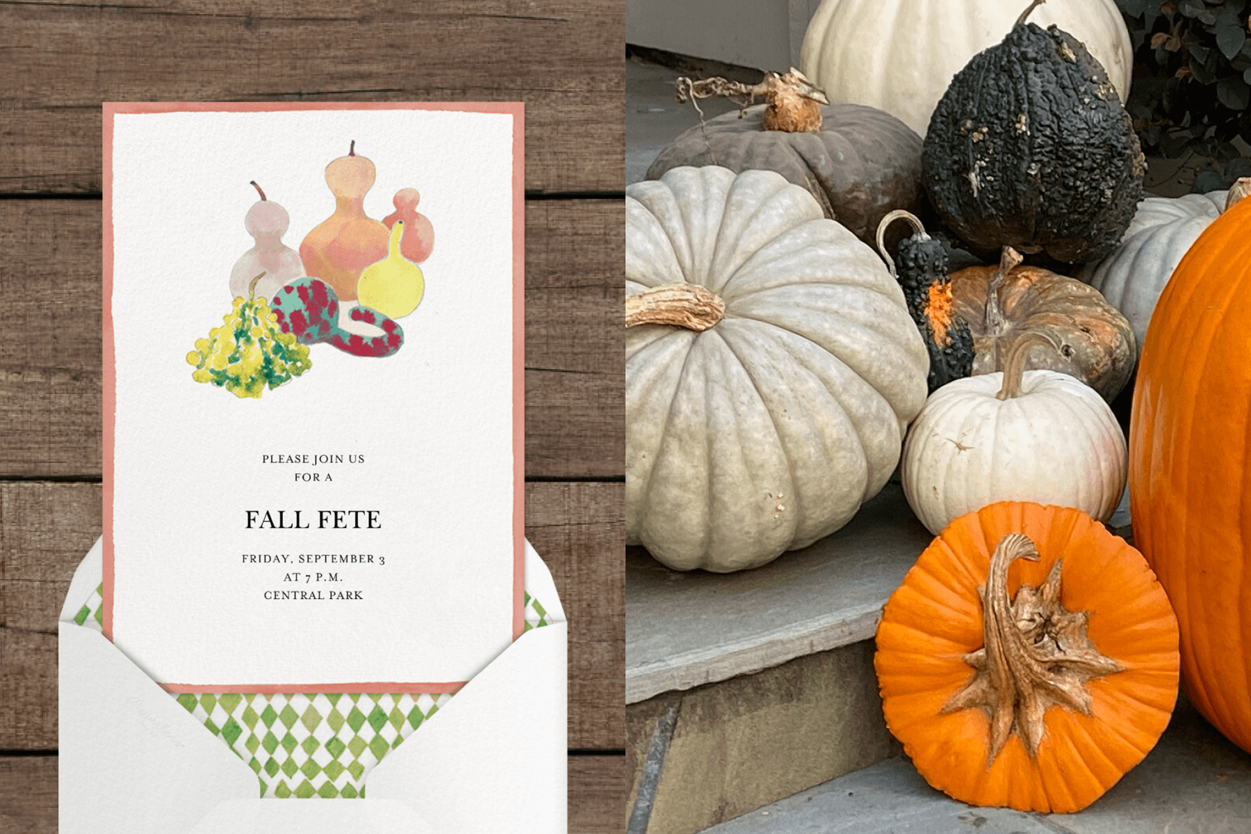 Left: A fall invitation with a colorful illustration of gourds; right: A close up photo of pumpkins and gourds on a stoop.