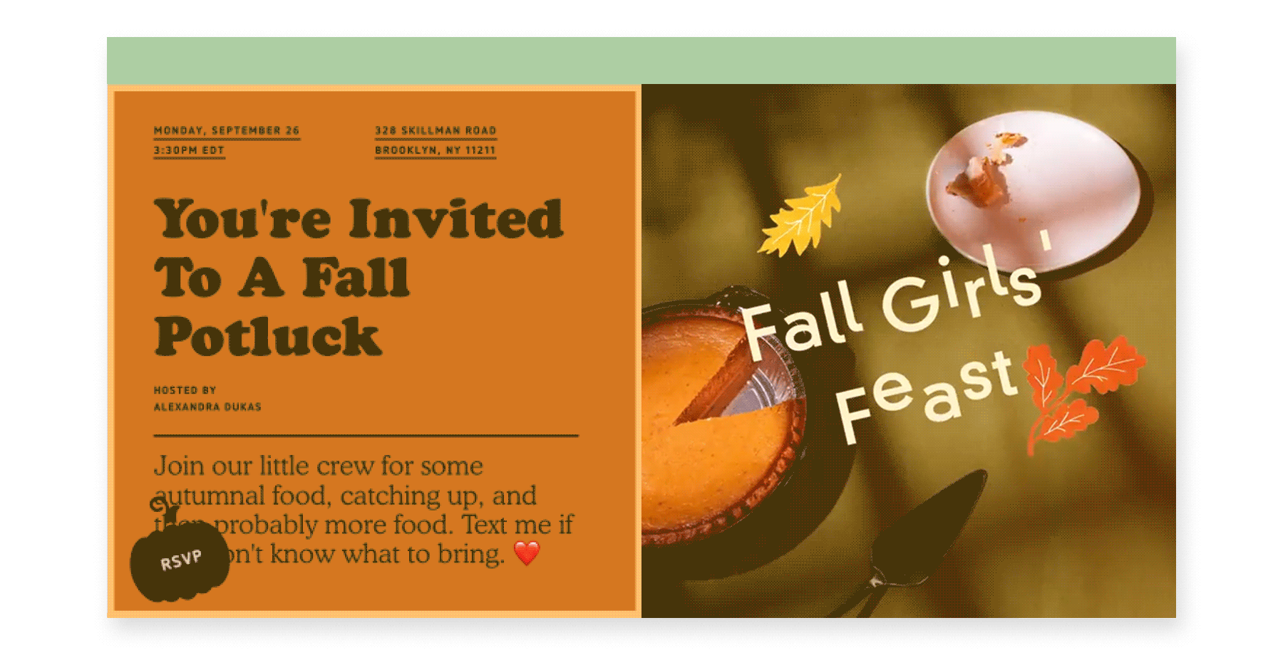 An animated invite featuring a slice of pie slowly disappearing from a white plate. Overlaid text reads “Fall Girls’ Feast.”