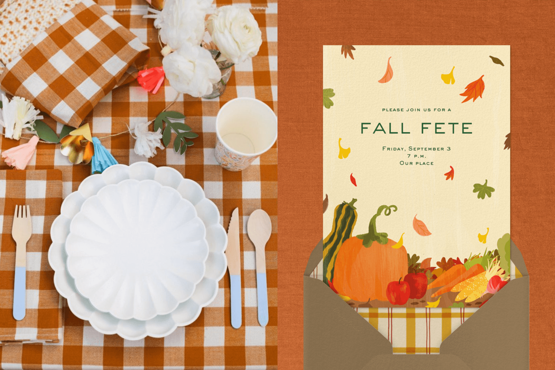 Left: Overhead photo of a single place setting featuring orange buffalo plaid tablecloth and napkin, white scalloped plates, and blue wooden cutery; Right: A fall invitation featuring an illustration of leaves falling over a scene of fall produce like apples, pumpkin, and corn.