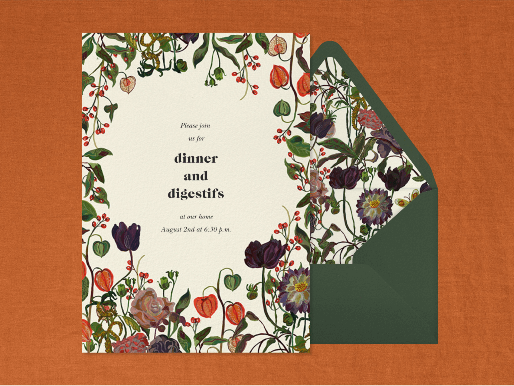 A fall invitation that features an illustration of moody fall florals in purple, orange, and green.