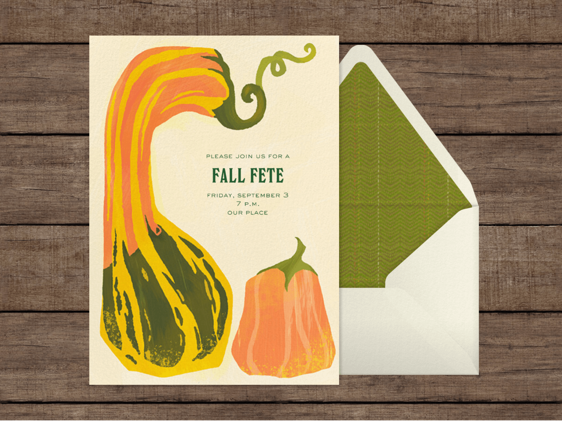 A fall invitation that features an illustration of two large gourds.