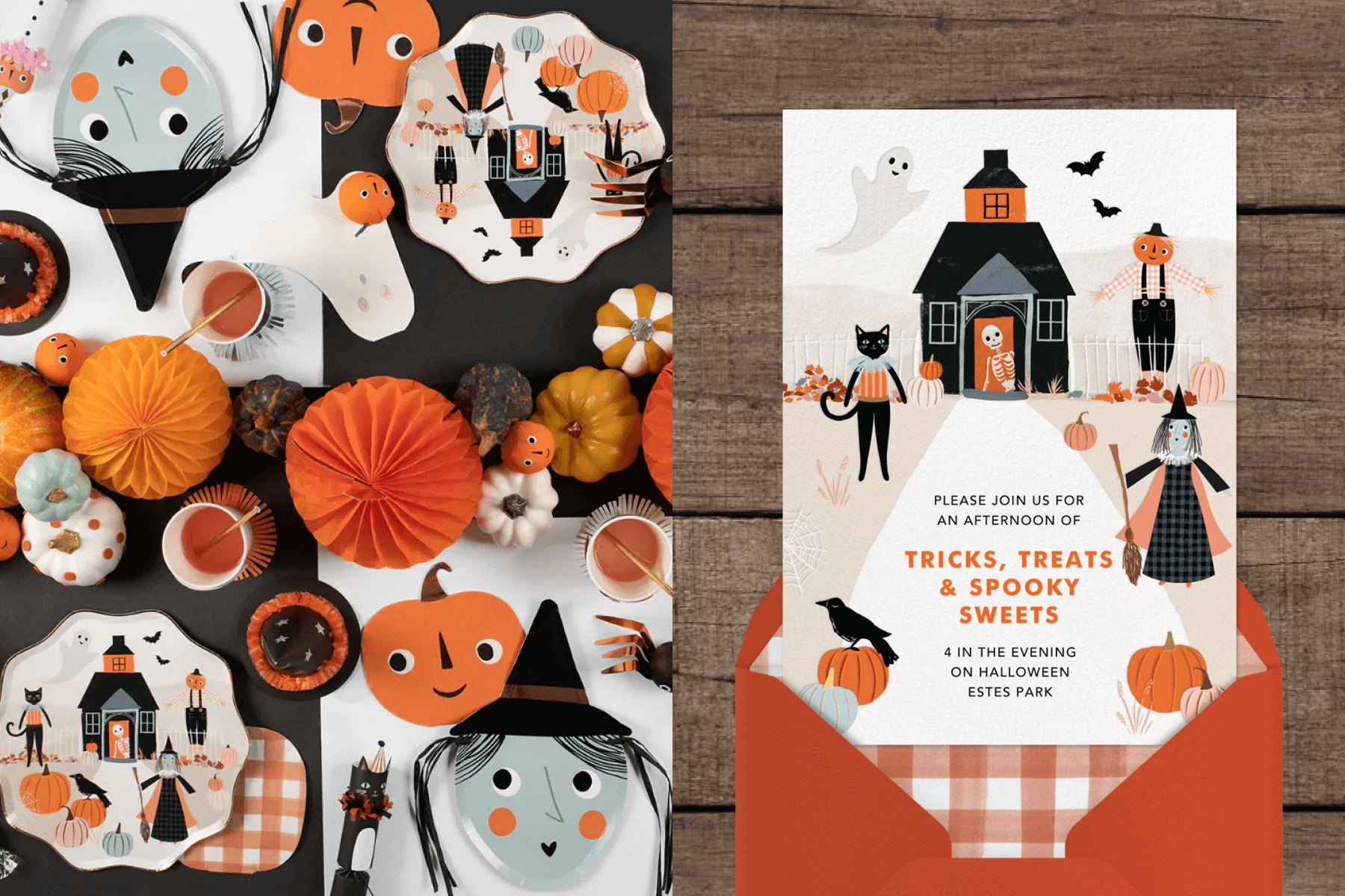 Left: An overhead table setting with cute (not scary!) witch, pumpkin, and haunted house decor; right: A matching Halloween invitation with an illustration of a cute haunted house.