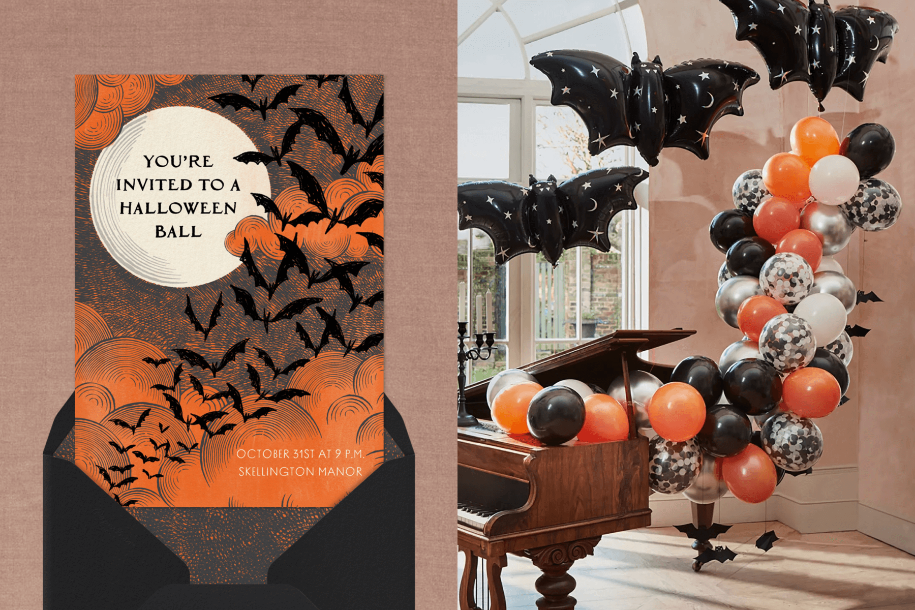 Left: A Halloween invitation featuring a cauldron of bats flying through an orange sky; right: A scene of Halloween party balloons coming out of a piano with giant balloon bats.