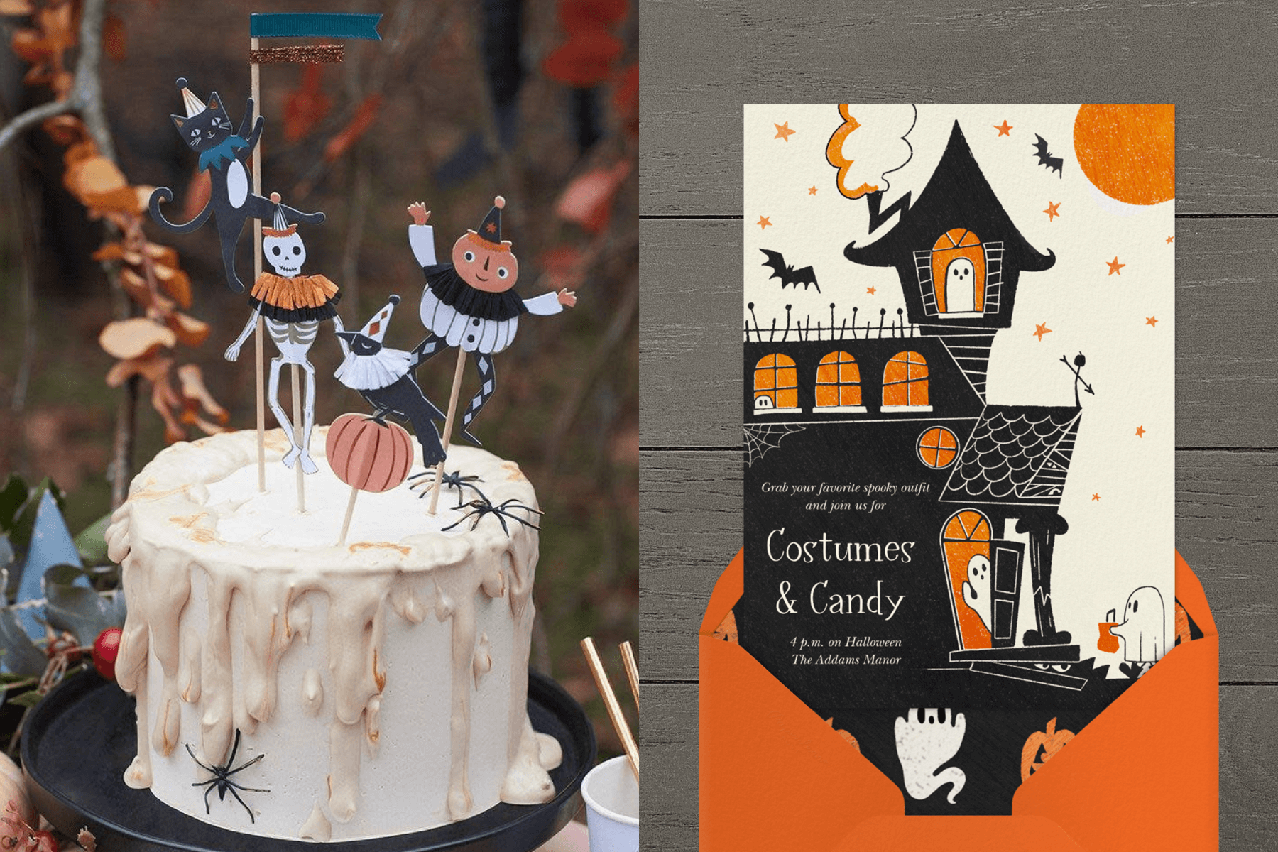 Left: A Halloween cake with cute cake toppers including a skeleton, pumpkin, and a cat; right: a cute Halloween invitation featuring ghosts trick or treating at a haunted house.