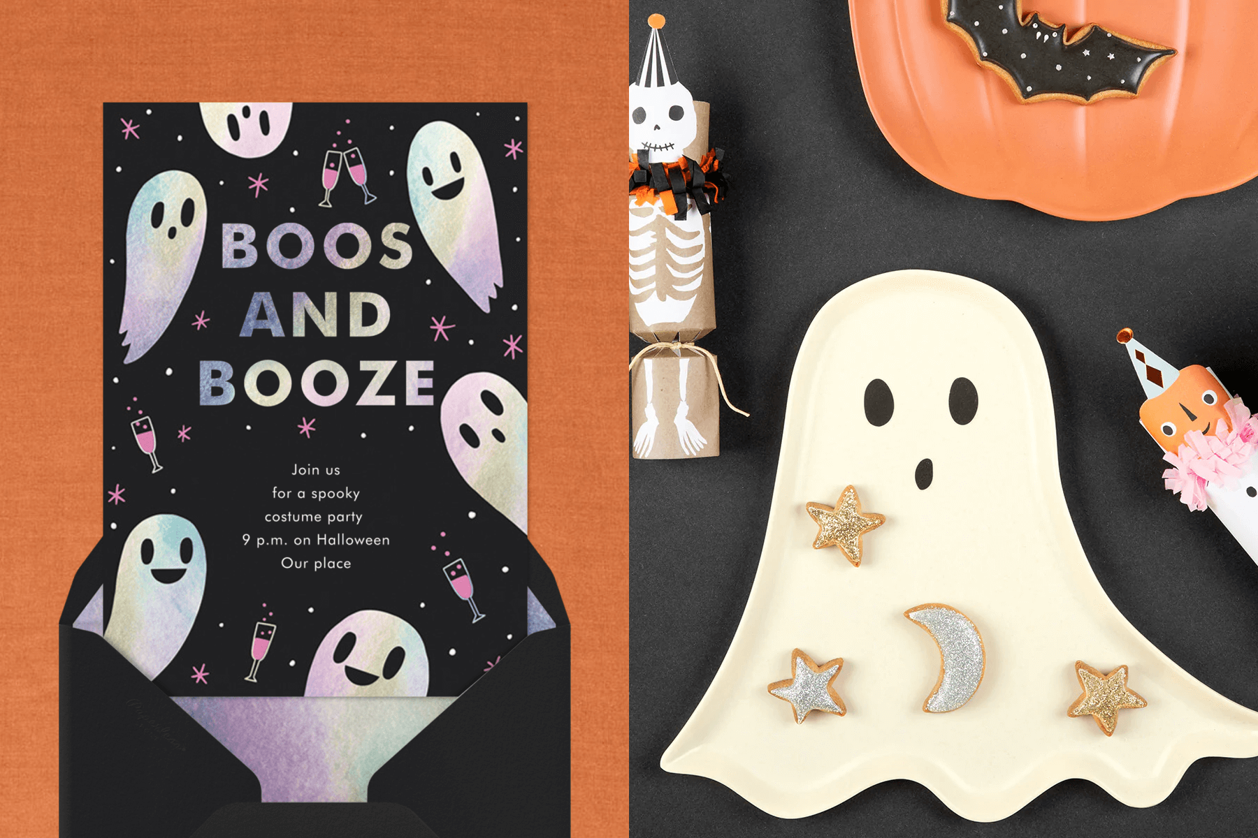 Left: A Halloween invitation with holographic ghosts and the words “Boos and Booze.” Right: A ghost plate and skeleton party crackers.