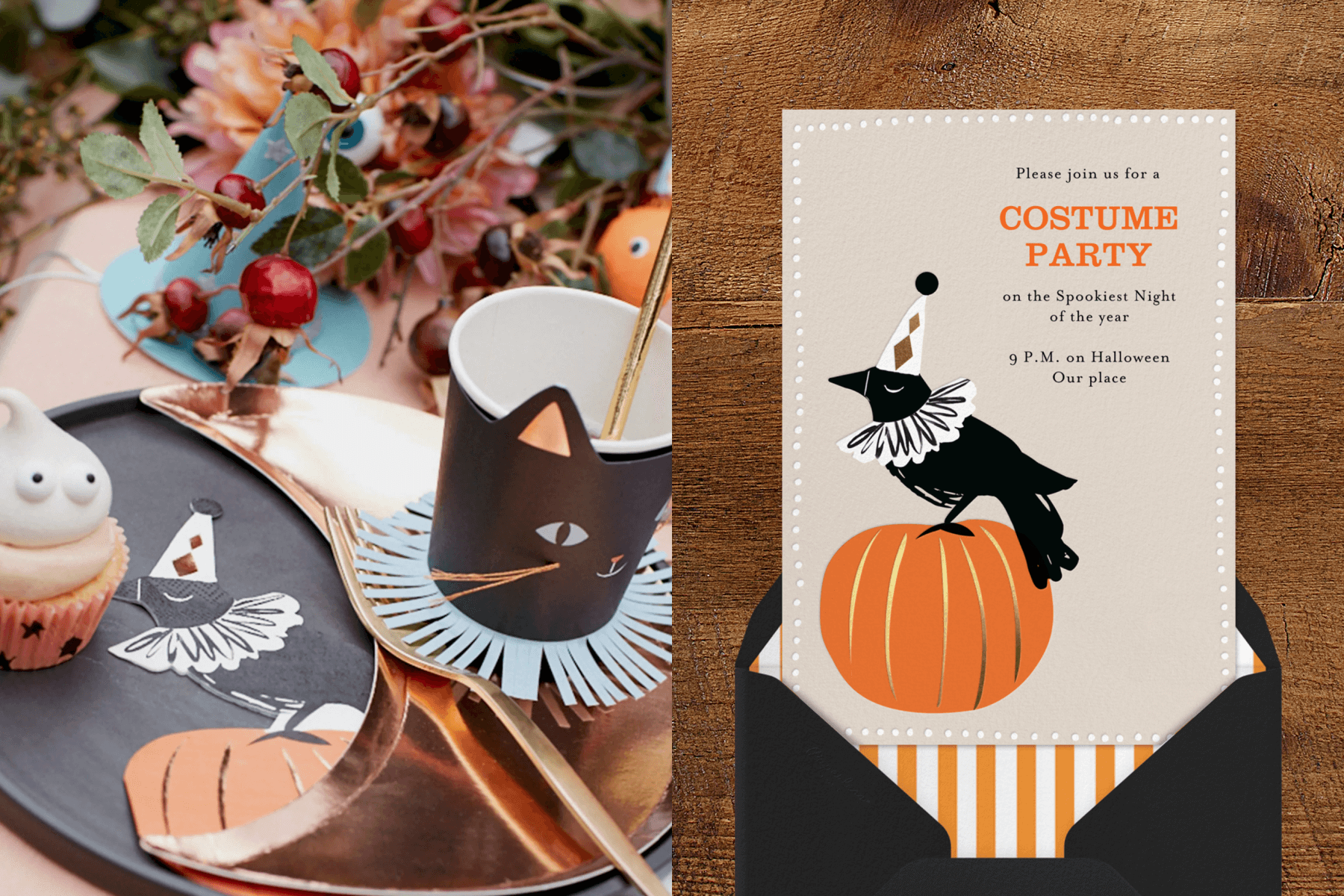 Left: A Halloween party table setting with a ghost cupcake, a black cat cup, and a raven napkin; right: A Halloween invitation with an illustration of a raven wearing a party hat sitting on a pumpkin.