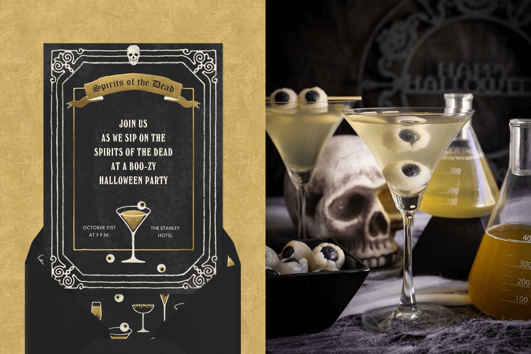  Left: A black and gold Halloween invitation with a banner that reads “spirits of the dead” and a cocktail with an eyeball in it; Right: A spooky table scene with eyeball cocktails.