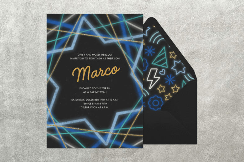 A black invitation with neon Star of David shapes overlapping and a matching envelope.