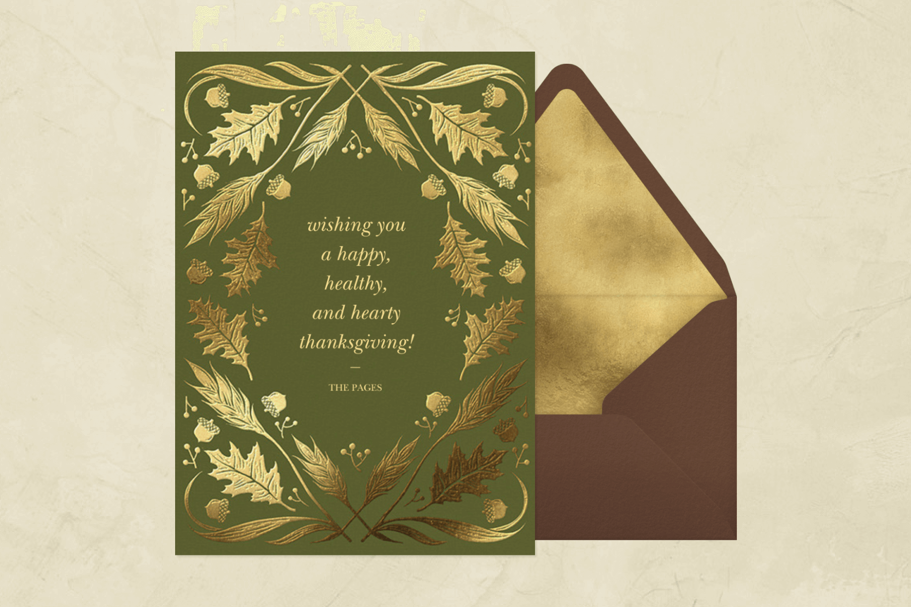 A green Thanksgiving card with a golden fall-themed frame.