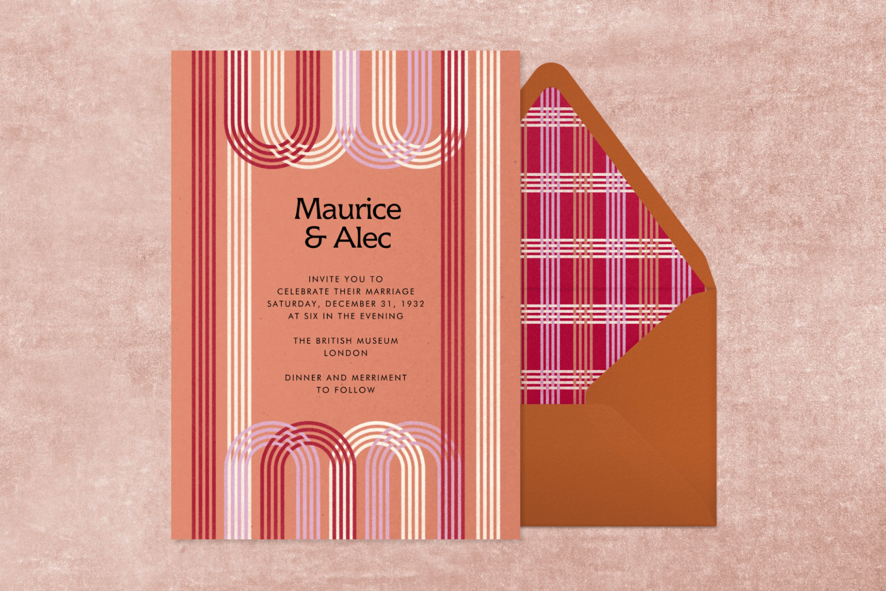 An orange wedding invitation with red, cream, and pink arches, paired with an envelope with a checked liner.