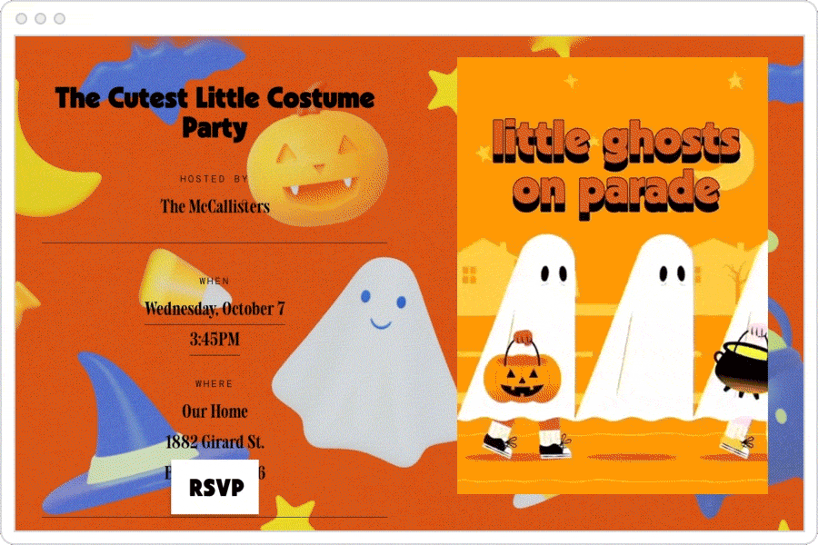 A browser window showing a Paperless Post event page for a costume party, with the event details on the left and a Flyer reading 'little ghosts on parade' with an illustration of three trick-or-treaters dressed as ghosts on the right, over an orange background with illustrations of a ghost, a jack-o'-lantern, candy corn, a witch hat, bats, and stars.