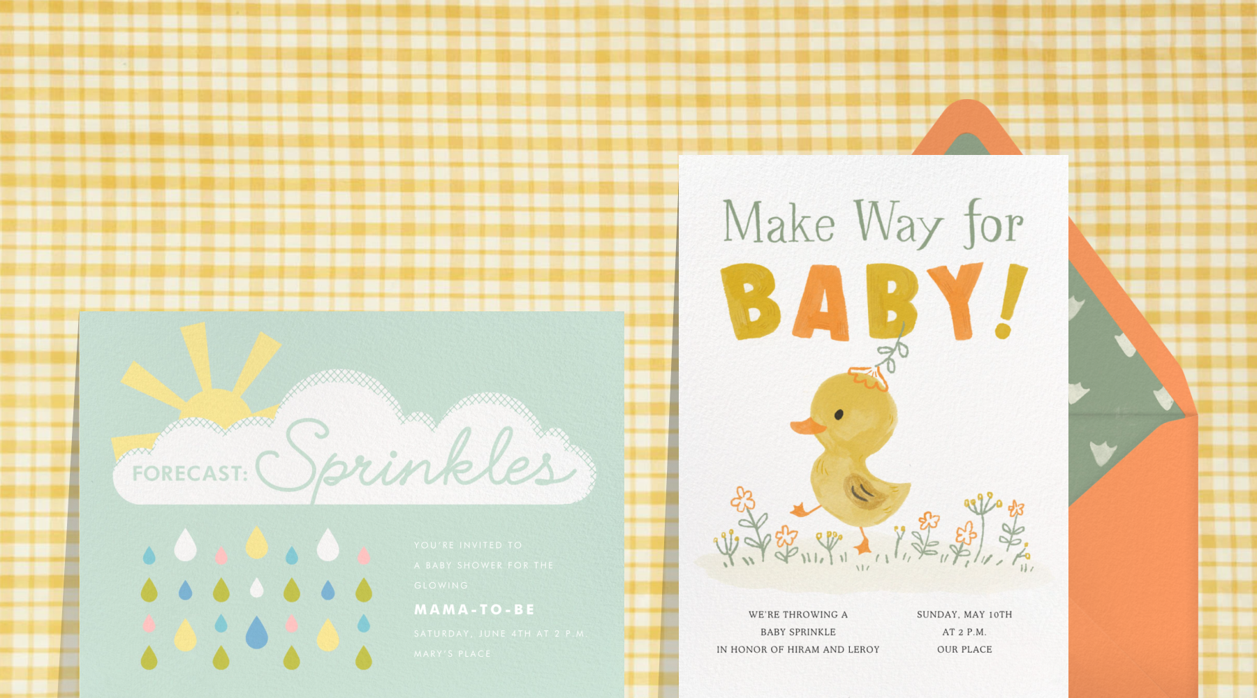 A light blue invitation with a cloud, sun, and water droplets reads ‘forecast: sprinkles;’ an invitation with a duckling reads ‘make way for baby’ with an orange envelope.