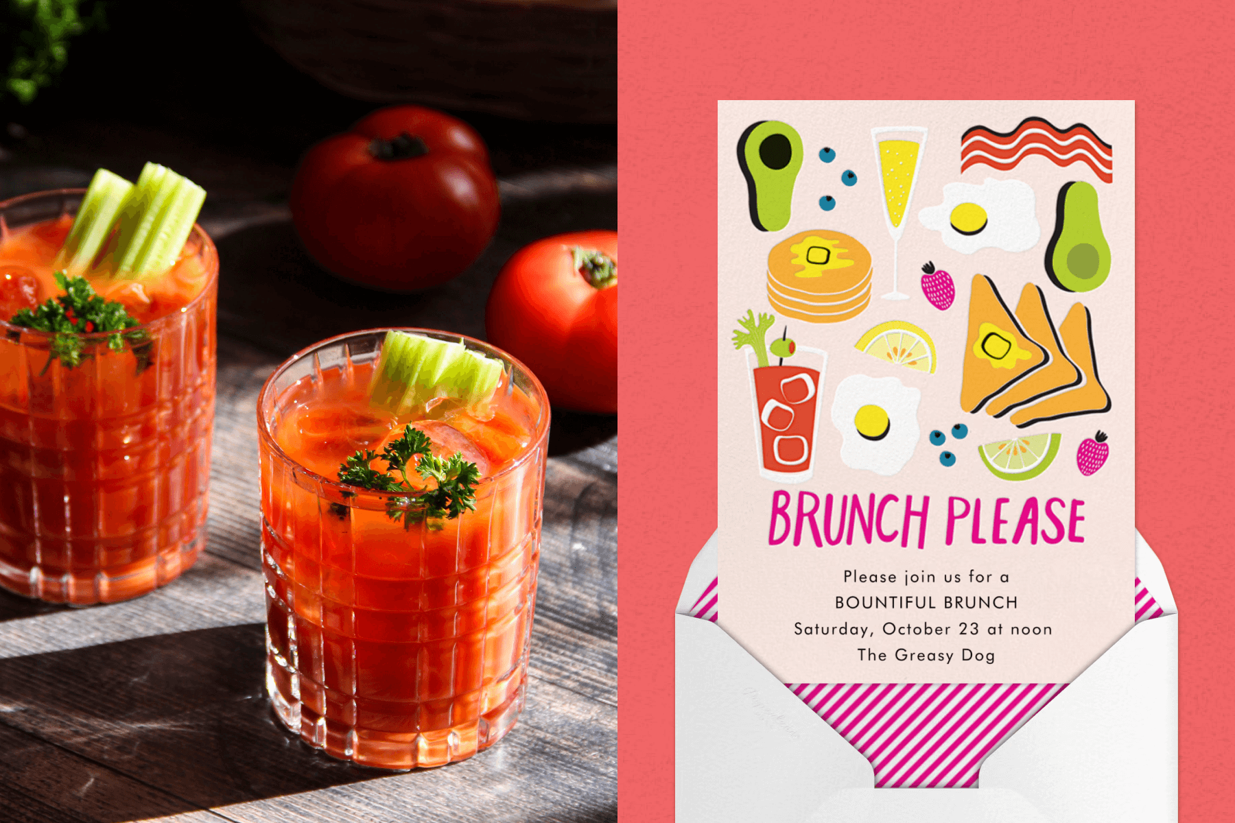 Two Bloody Mary drinks with stalks of celery on a wooden table with tomatoes; A brunch invitation with illustrations of breakfast foods, brunch cocktails, and text reading ‘BRUNCH PLEASE’.