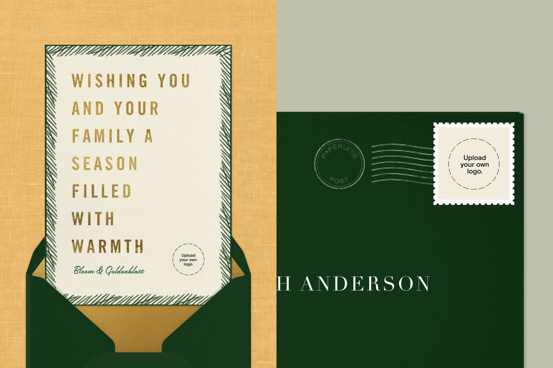 A holiday card with gold block lettering and a simple border resembling pine needles; A stamp on an envelope with a message to upload your own logo.