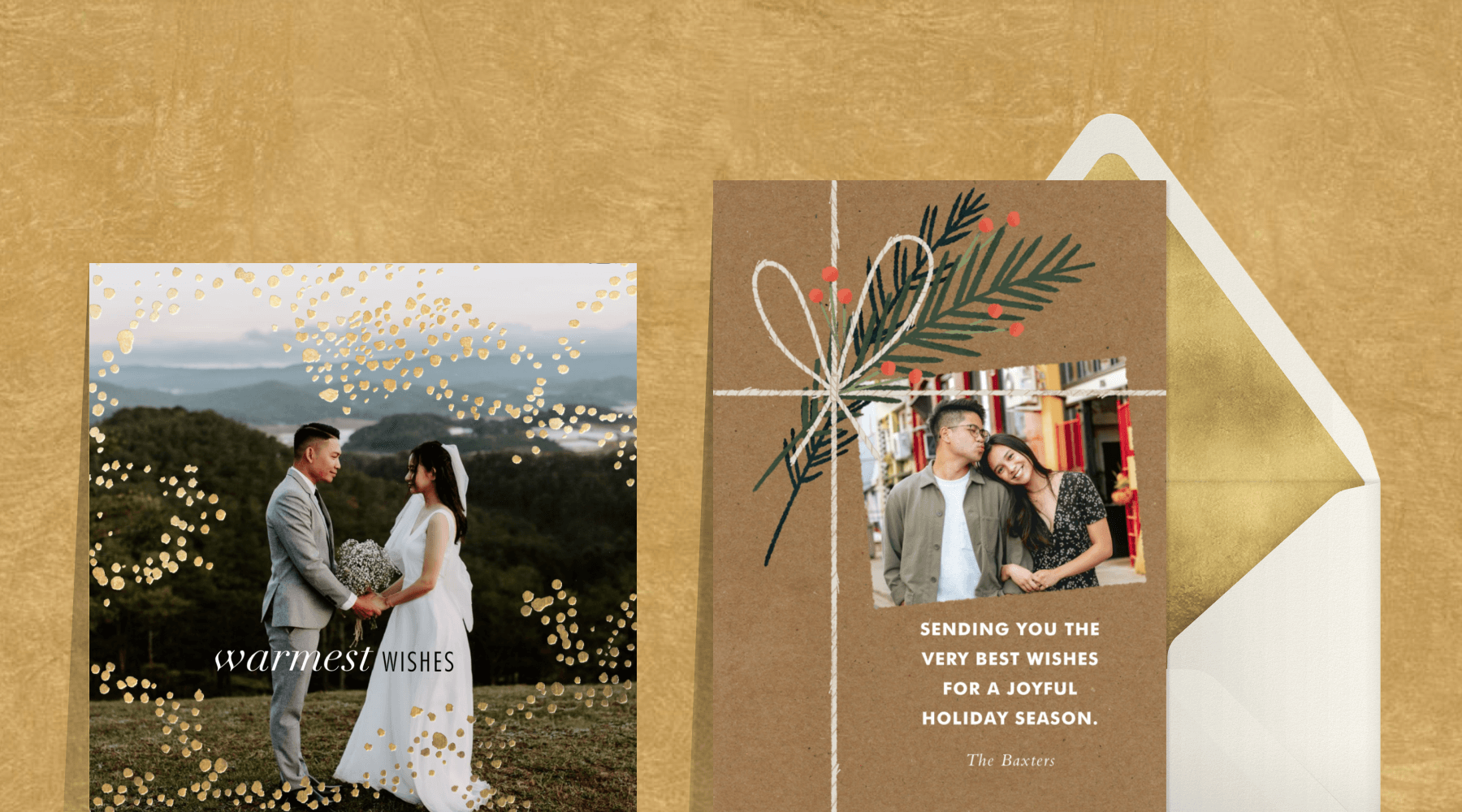 Two holiday photo cards. Left: A full bleed image of a bride and groom on a mountain with gold dots swirling around; Right: A card that looks like a craft-paper wrapped present with a sprig of evergreen with space for a photo.