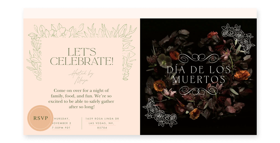 An animated invite with a dark floral wreath background and animated text and motifs that say “Dia de los Muertos.”