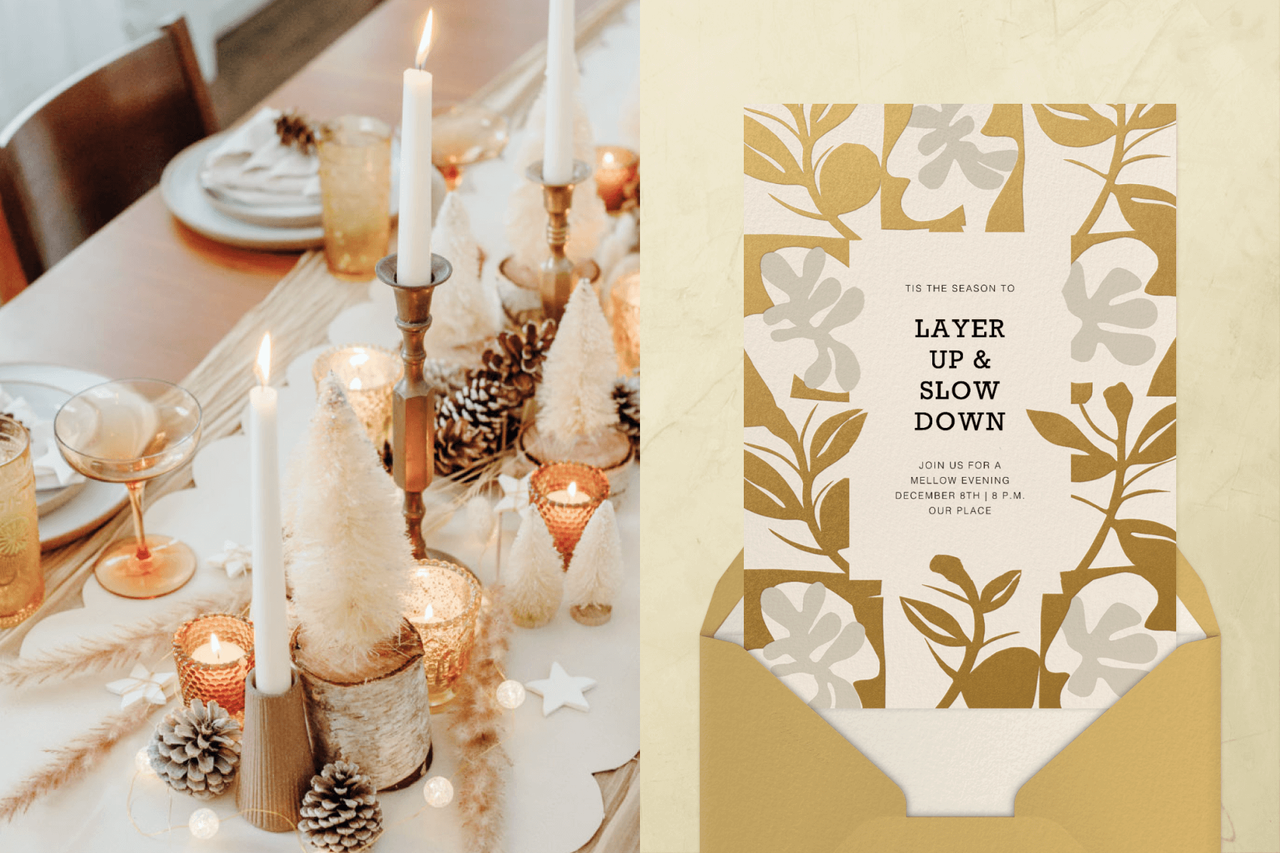 A table set with white taper candles, mini trees, and pinecones; an invitation with abstract gold and silver plant sprigs.
