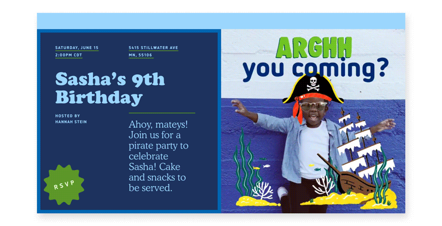 An online invitation with a young boy and animated illustrations to make him look like a pirate.